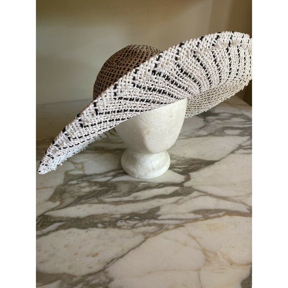White Black Wide Brim Sun Hat Paper Straw Cynthia Rowley - Picture 4 of 8